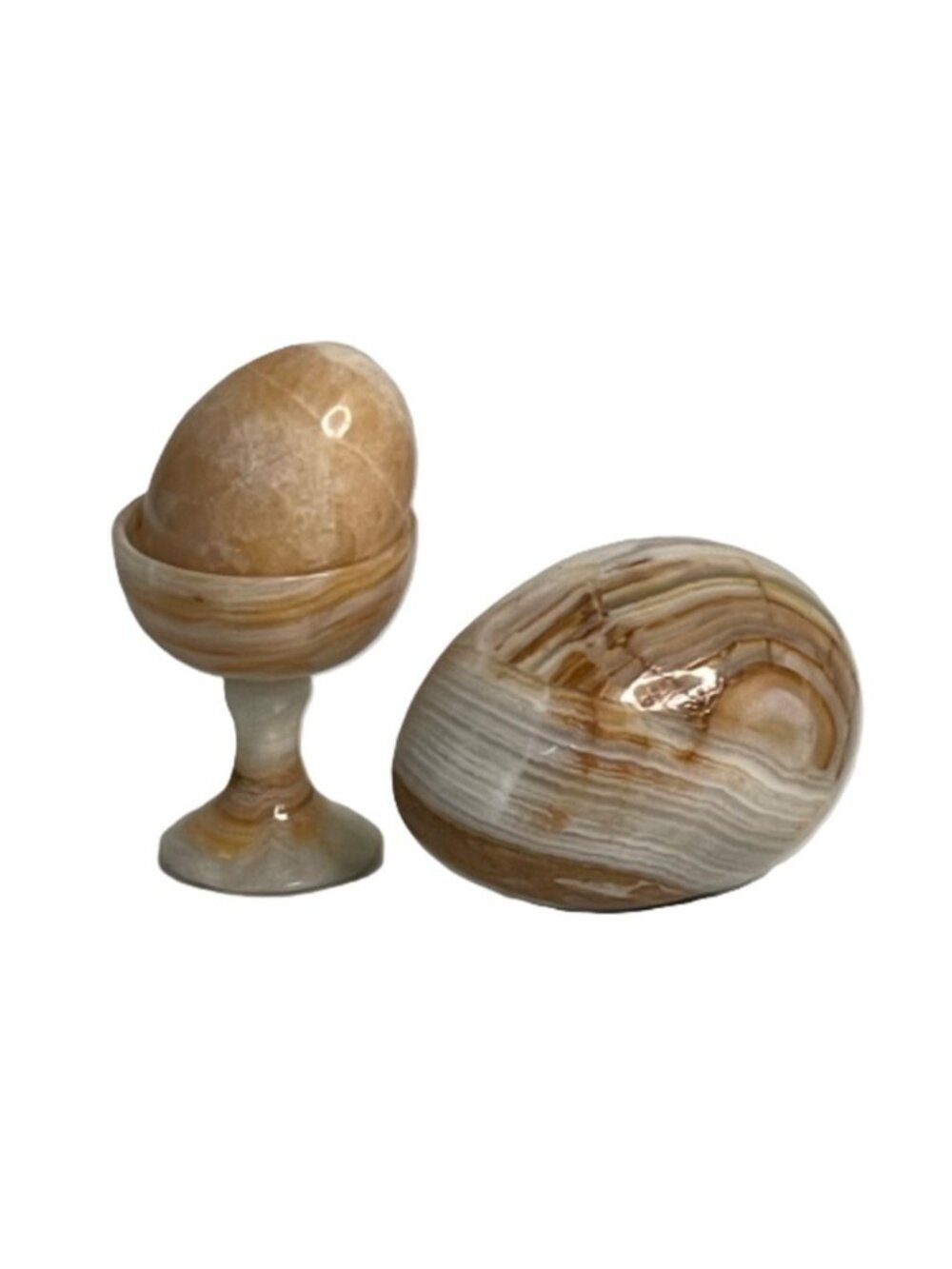 Vintage Honey Onyx Alabaster Set 3" Egg 2.25" Chalice Small Egg MCM Stone Decor